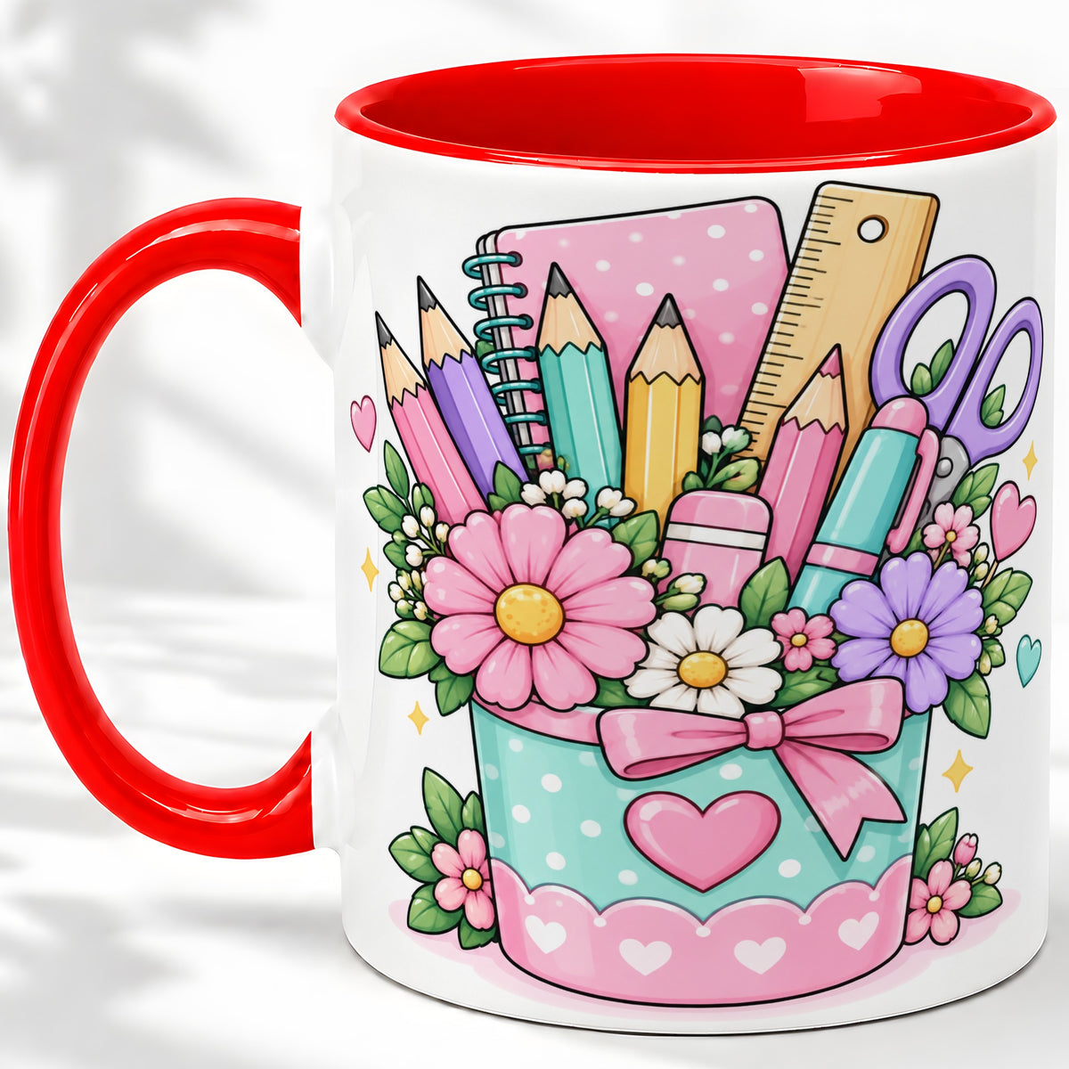 Pastel School Supplies Ceramic Mug, Floral Pencil Classroom Art