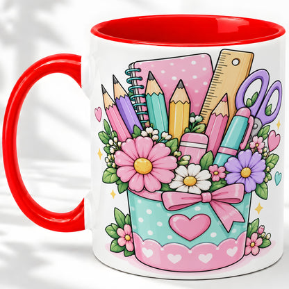 Pastel School Supplies Ceramic Mug, Floral Pencil Classroom Art