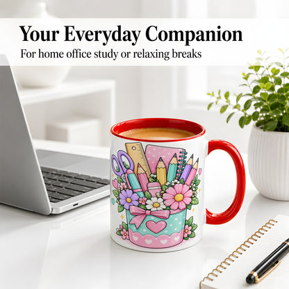 #pl[11oz|Red] Pastel School Supplies Ceramic Mug, Floral Pencil Classroom Art