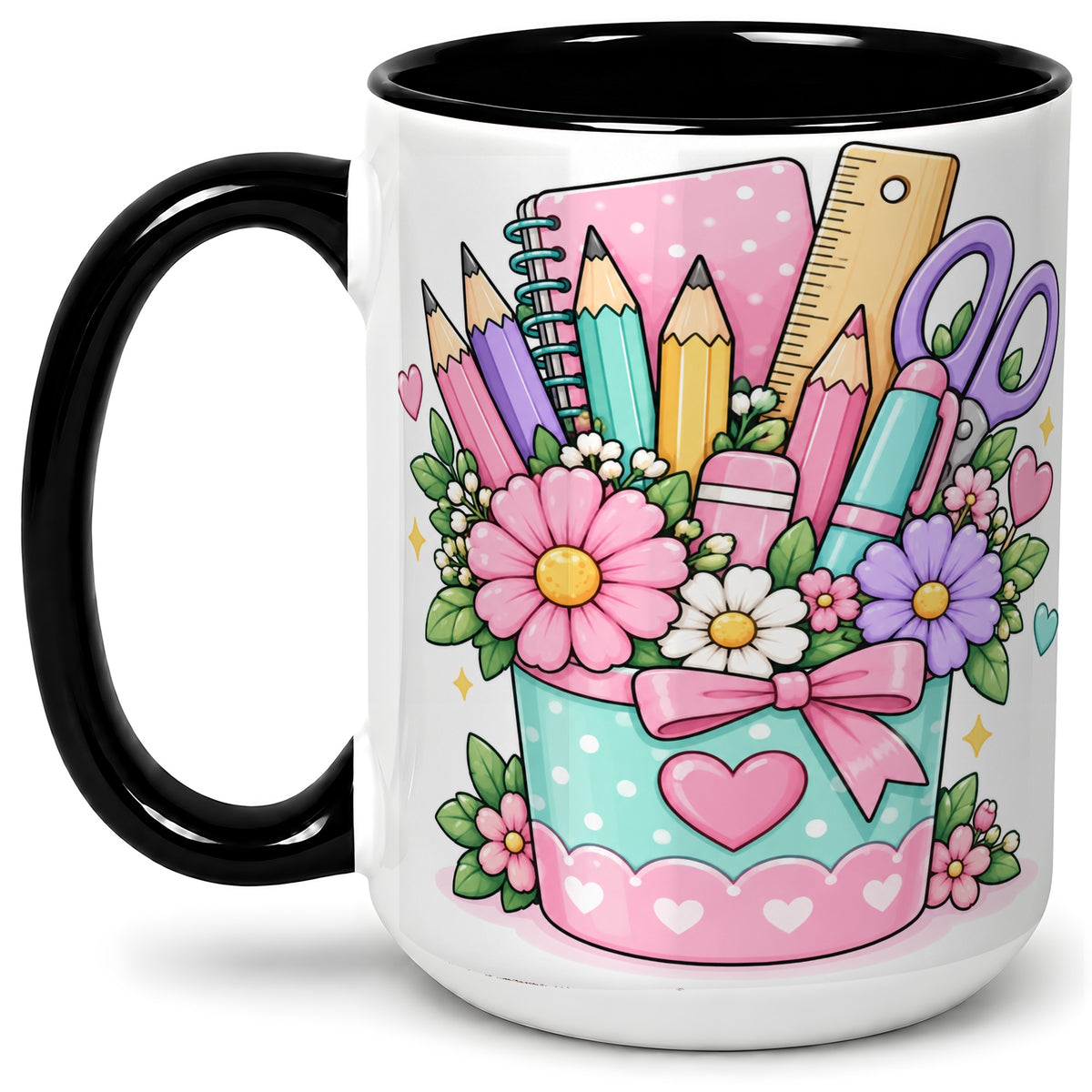 #pl[15oz|Black] Pastel School Supplies Ceramic Mug, Floral Pencil Classroom Art