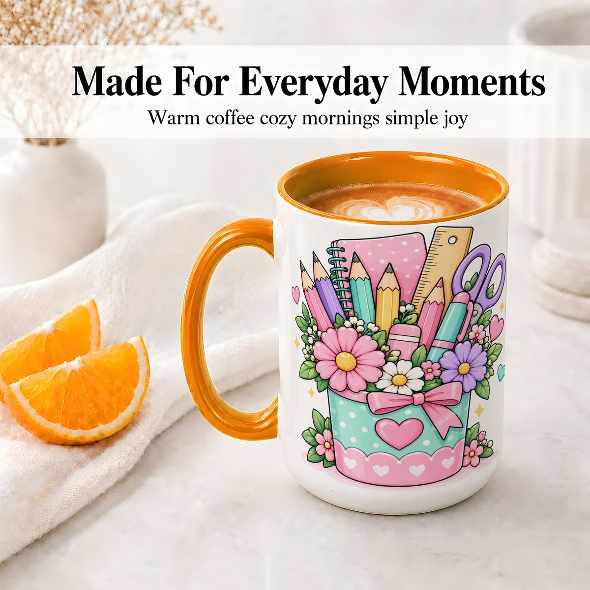 #pl[15oz|Orange] Pastel School Supplies Ceramic Mug, Floral Pencil Classroom Art