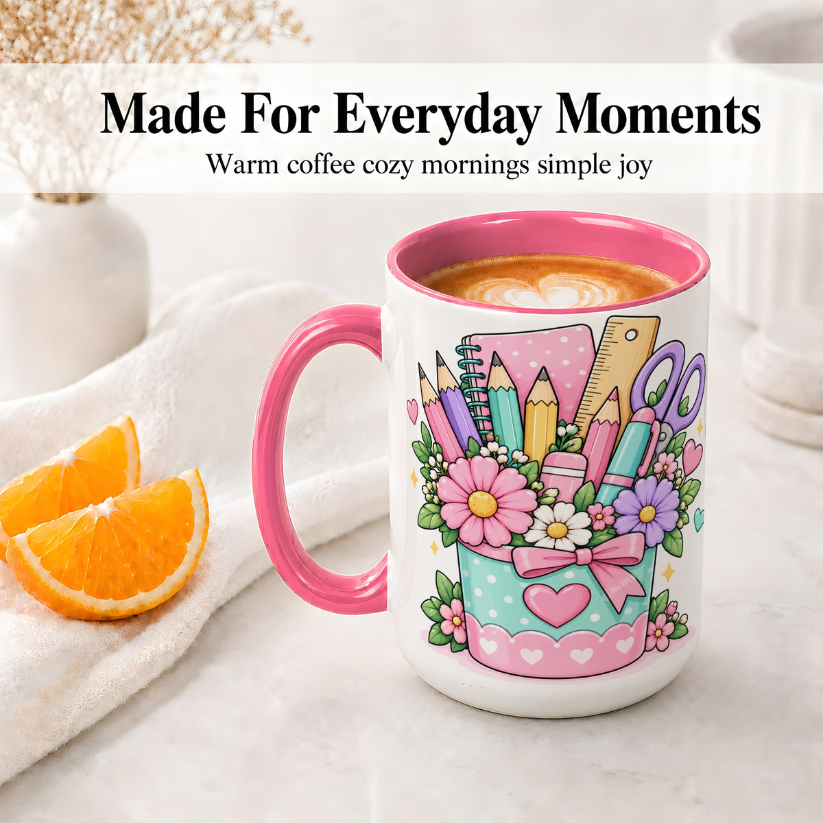 #pl[15oz|Pink] Pastel School Supplies Ceramic Mug, Floral Pencil Classroom Art