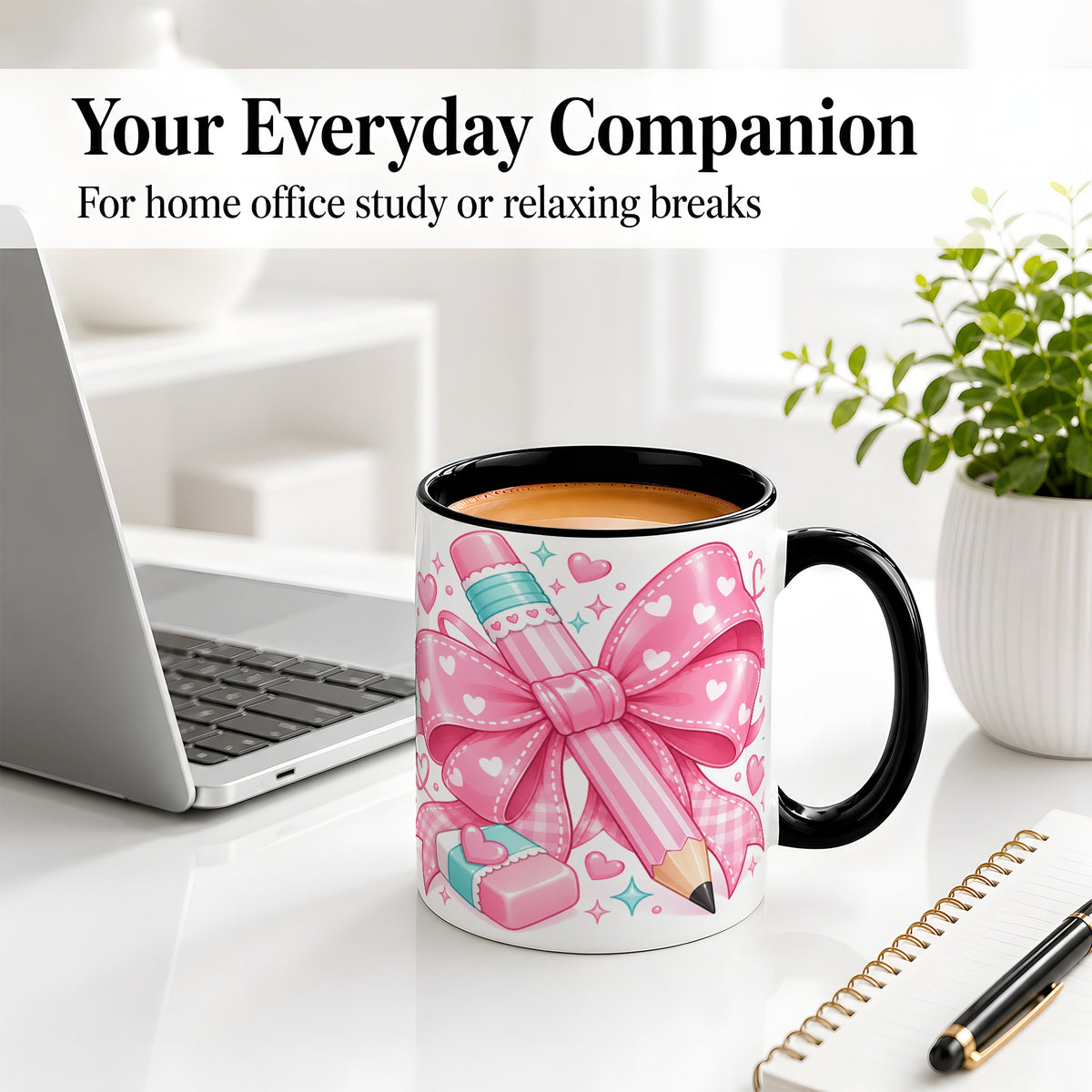 #pl[11oz|Black] Pink Bow Pencil Ceramic Mug, Cute Heart School Supply Artwork