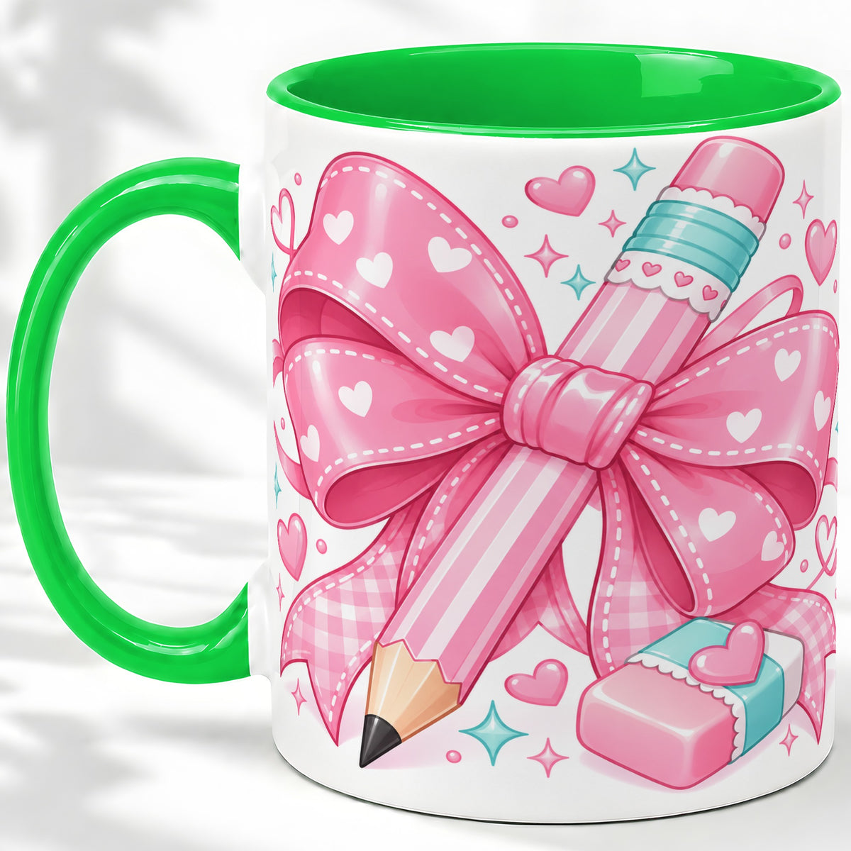 #pl[11oz|Green] Pink Bow Pencil Ceramic Mug, Cute Heart School Supply Artwork