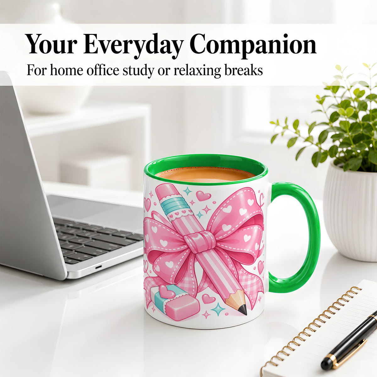 #pl[11oz|Green] Pink Bow Pencil Ceramic Mug, Cute Heart School Supply Artwork