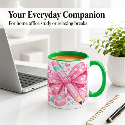 #pl[11oz|Green] Pink Bow Pencil Ceramic Mug, Cute Heart School Supply Artwork