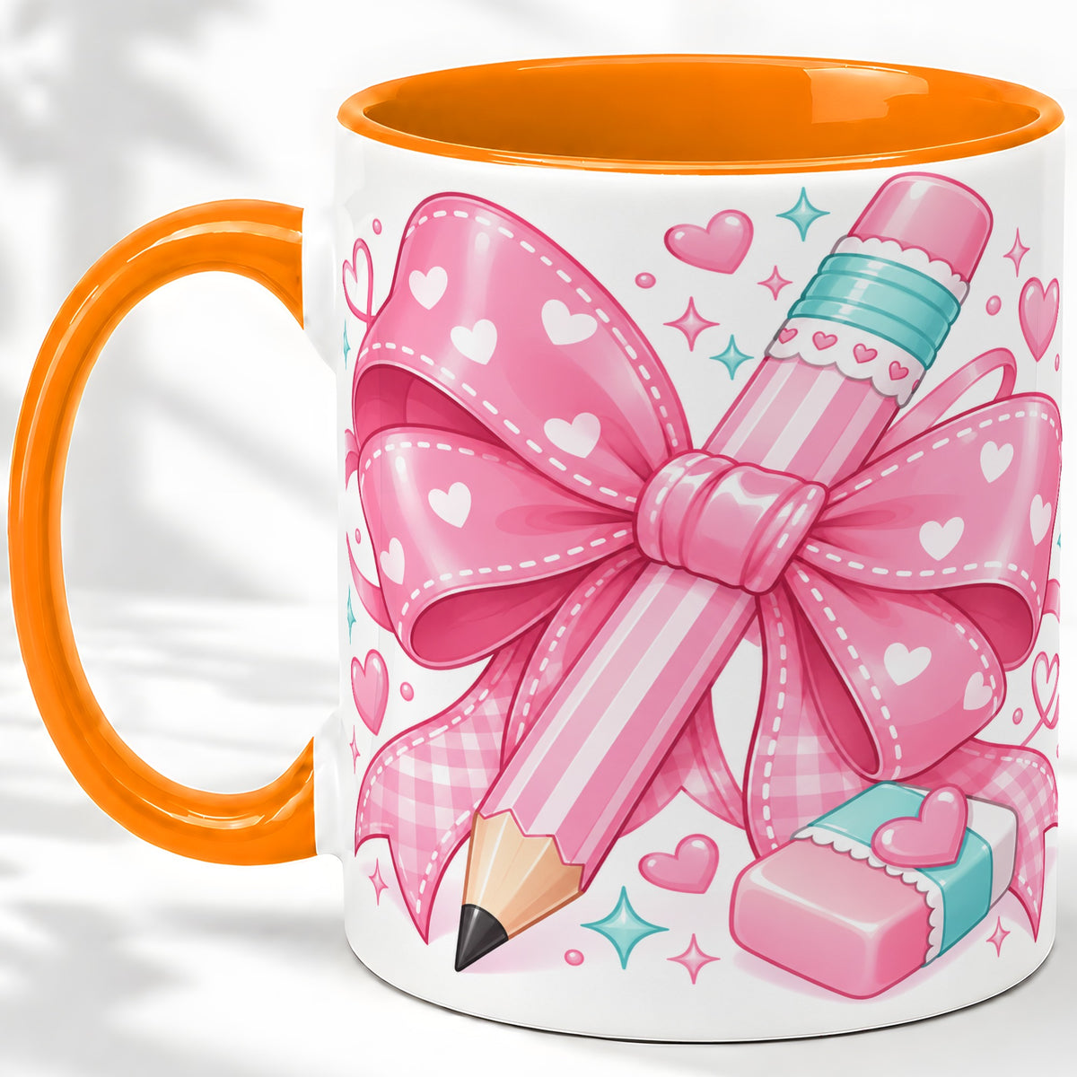 #pl[11oz|Orange] Pink Bow Pencil Ceramic Mug, Cute Heart School Supply Artwork