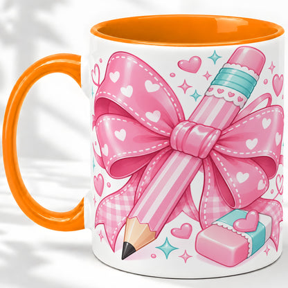 #pl[11oz|Orange] Pink Bow Pencil Ceramic Mug, Cute Heart School Supply Artwork