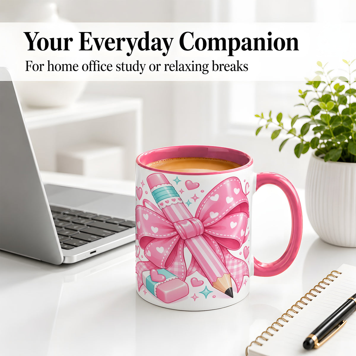 #pl[11oz|Pink] Pink Bow Pencil Ceramic Mug, Cute Heart School Supply Artwork