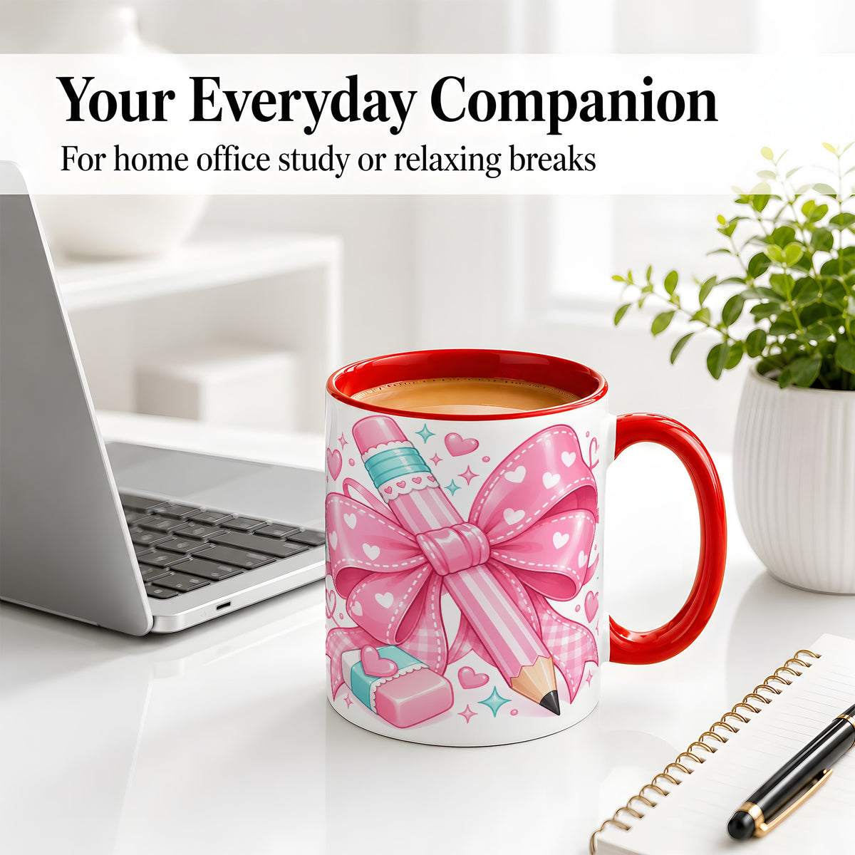 #pl[11oz|Red] Pink Bow Pencil Ceramic Mug, Cute Heart School Supply Artwork