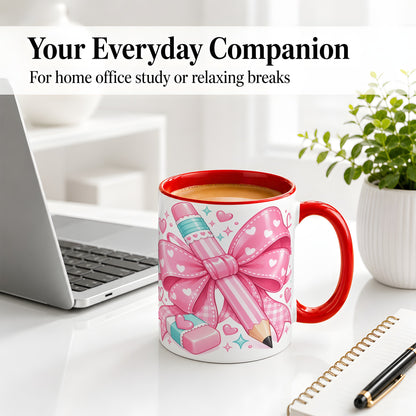 #pl[11oz|Red] Pink Bow Pencil Ceramic Mug, Cute Heart School Supply Artwork