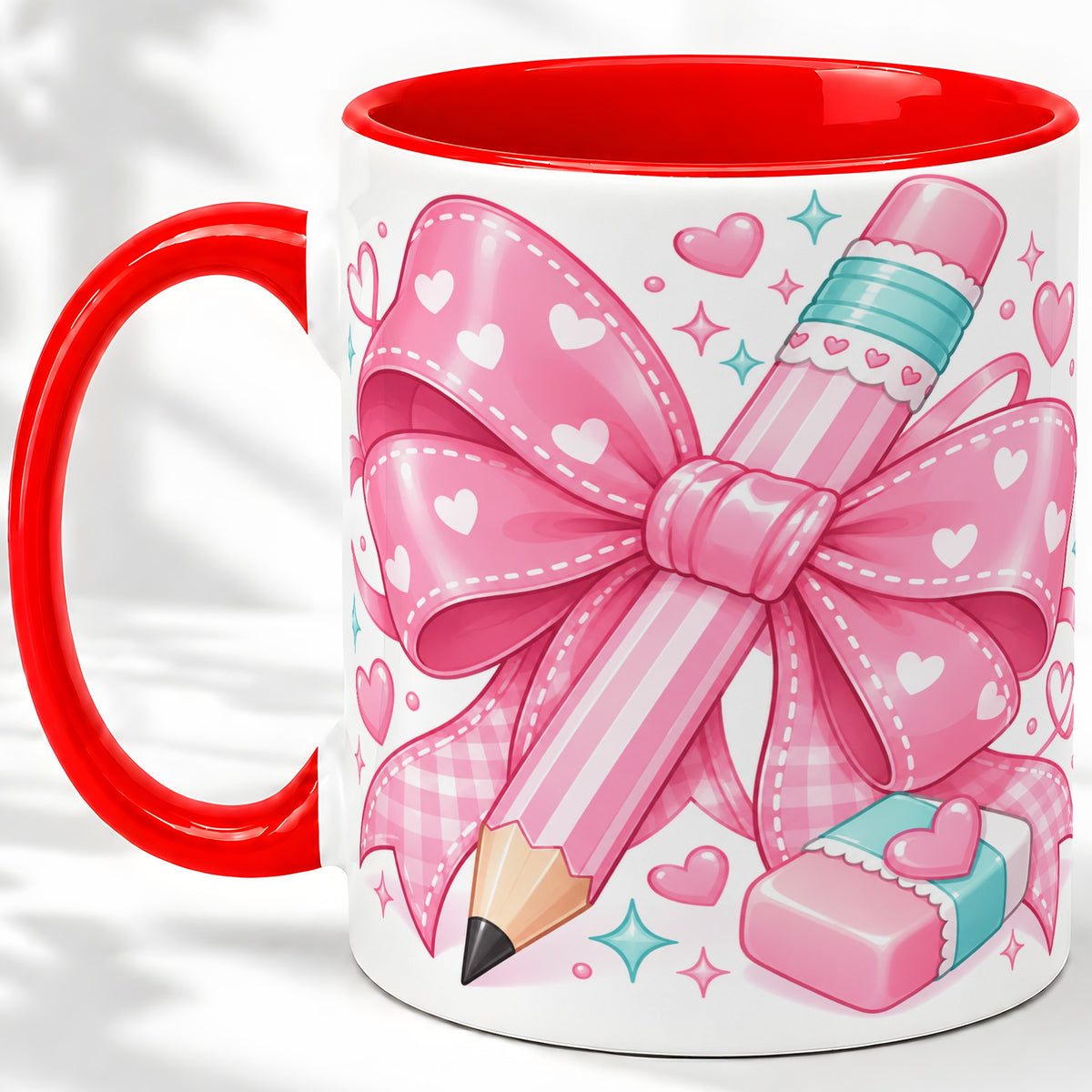 Pink Bow Pencil Ceramic Mug, Cute Heart School Supply Artwork