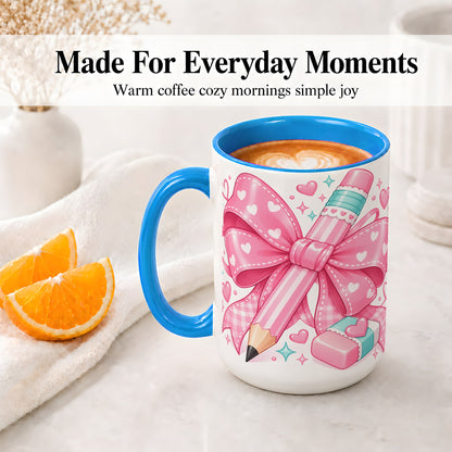 #pl[15oz|Blue] Pink Bow Pencil Ceramic Mug, Cute Heart School Supply Artwork