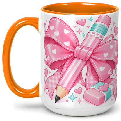 #pl[15oz|Orange] Pink Bow Pencil Ceramic Mug, Cute Heart School Supply Artwork