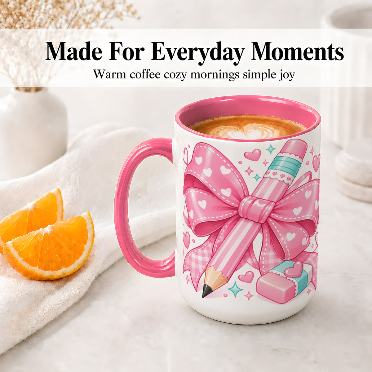 #pl[15oz|Pink] Pink Bow Pencil Ceramic Mug, Cute Heart School Supply Artwork