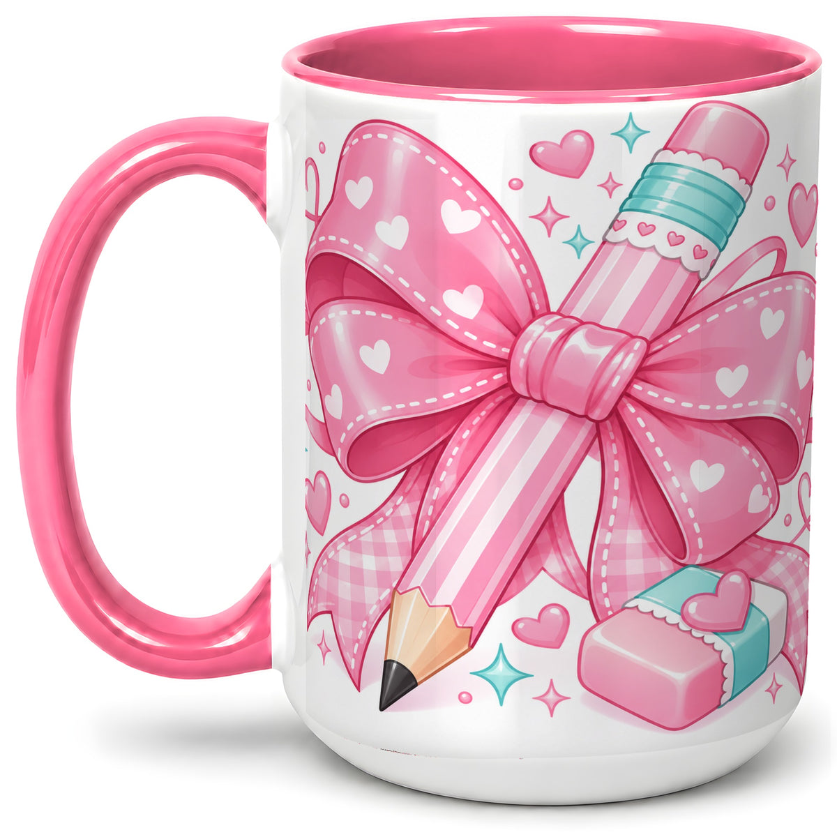#pl[15oz|Pink] Pink Bow Pencil Ceramic Mug, Cute Heart School Supply Artwork