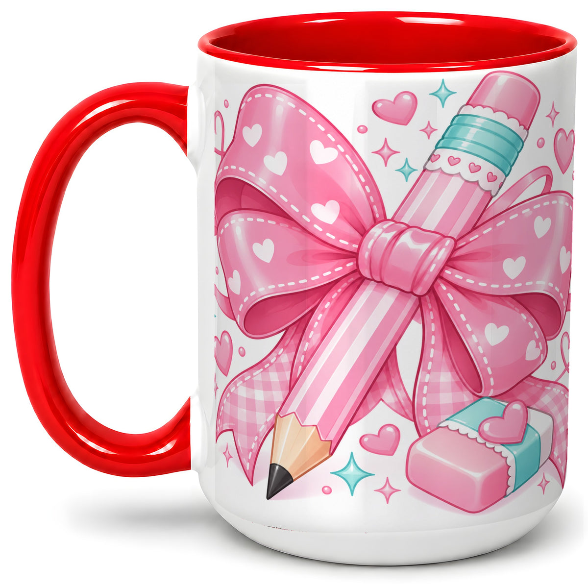 #pl[15oz|Red] Pink Bow Pencil Ceramic Mug, Cute Heart School Supply Artwork