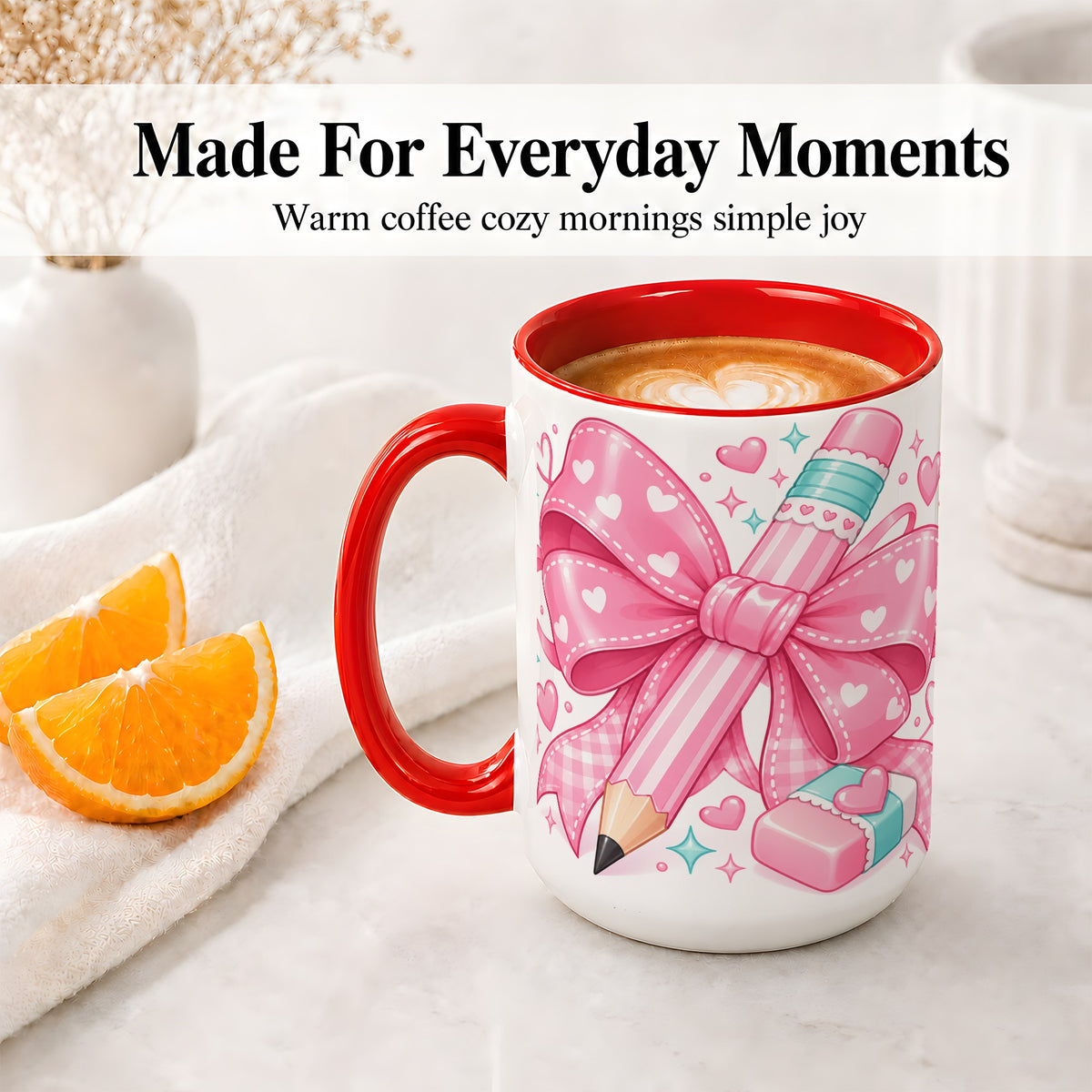 #pl[15oz|Red] Pink Bow Pencil Ceramic Mug, Cute Heart School Supply Artwork