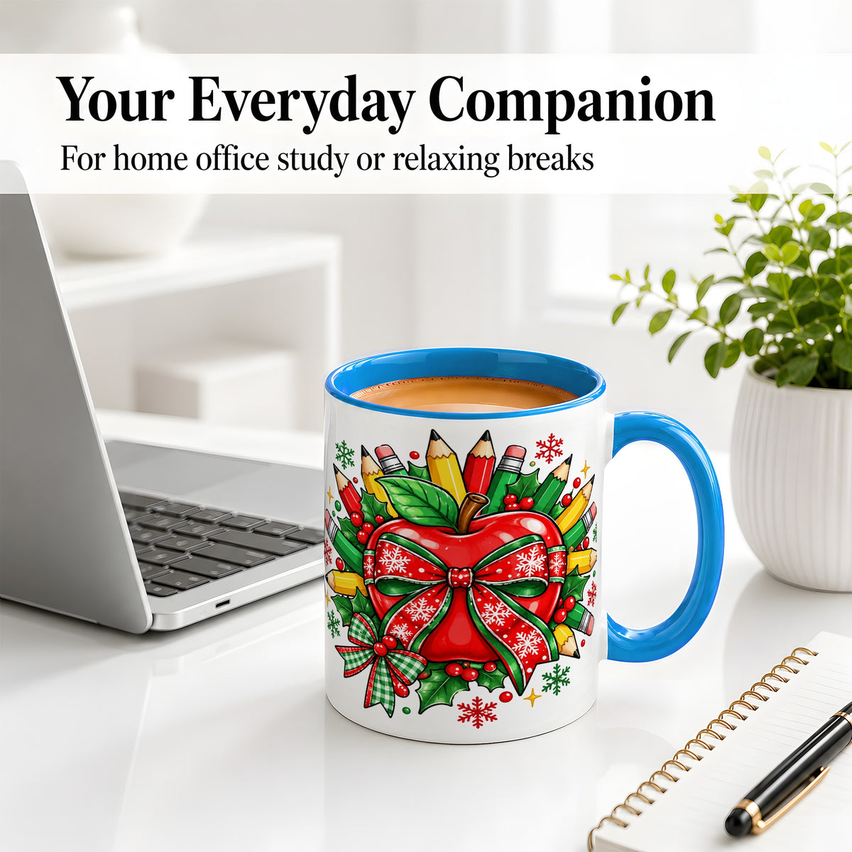 #pl[11oz|Blue] Christmas School Apple Ceramic Mug, Festive Pencil Bow Artwork