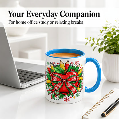 #pl[11oz|Blue] Christmas School Apple Ceramic Mug, Festive Pencil Bow Artwork