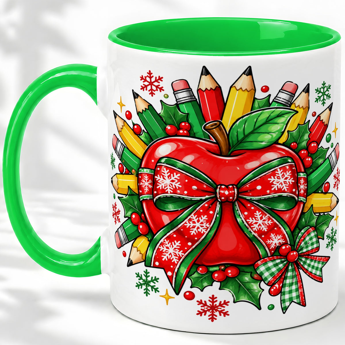 #pl[11oz|Green] Christmas School Apple Ceramic Mug, Festive Pencil Bow Artwork