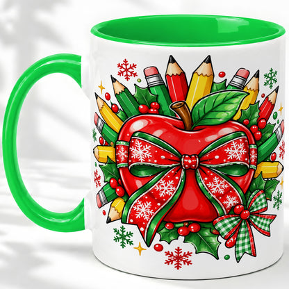 #pl[11oz|Green] Christmas School Apple Ceramic Mug, Festive Pencil Bow Artwork
