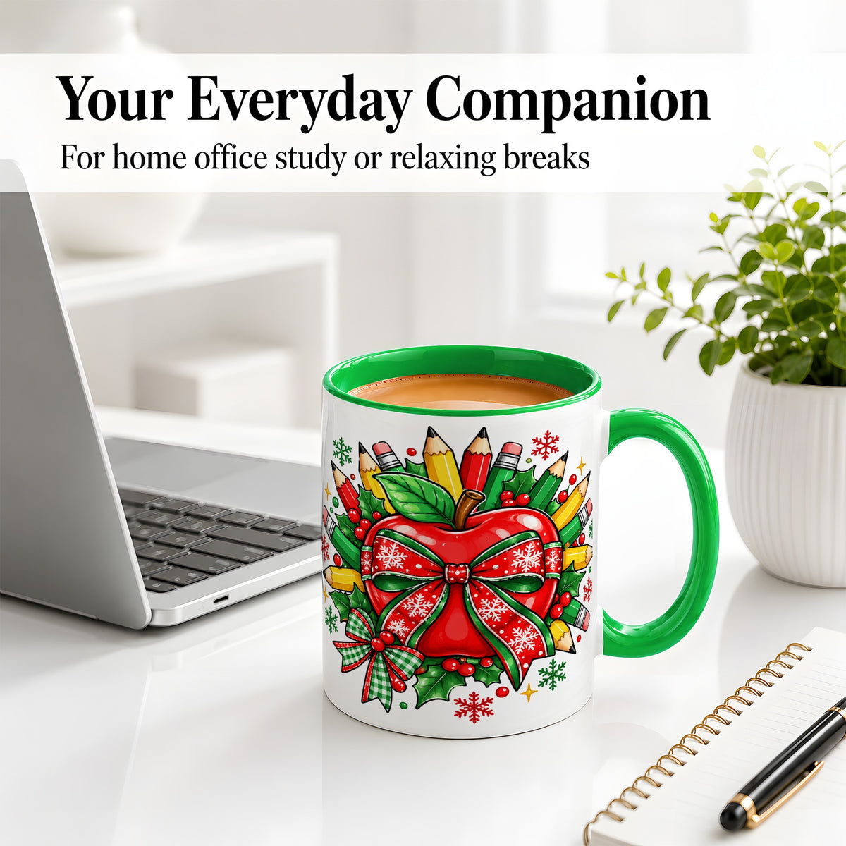 #pl[11oz|Green] Christmas School Apple Ceramic Mug, Festive Pencil Bow Artwork