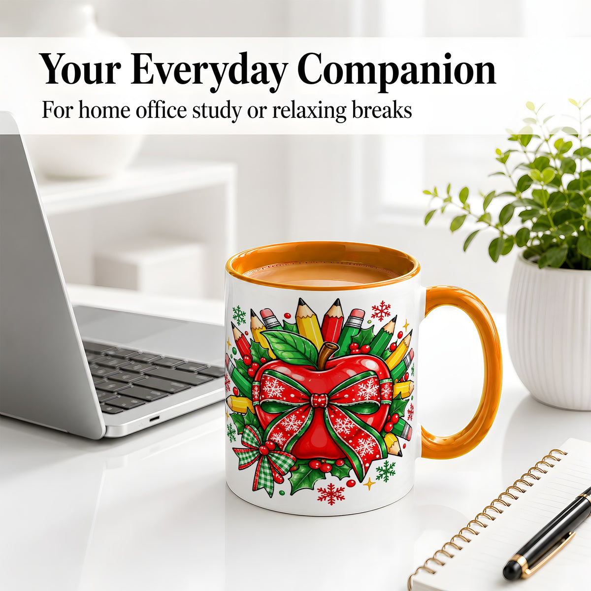 #pl[11oz|Orange] Christmas School Apple Ceramic Mug, Festive Pencil Bow Artwork