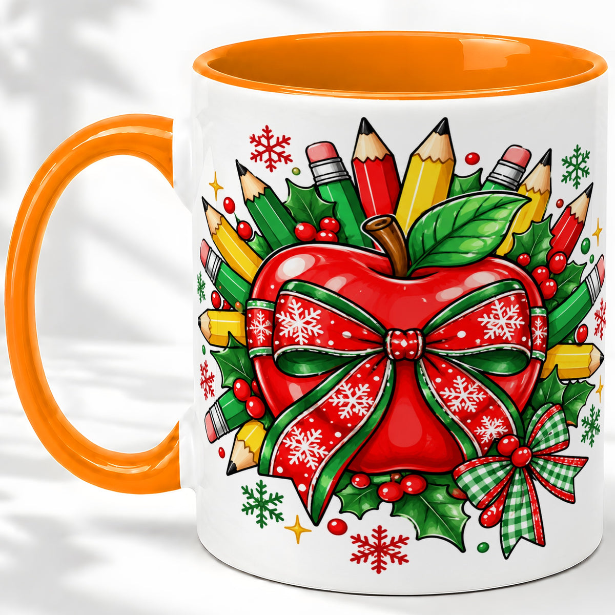 #pl[11oz|Orange] Christmas School Apple Ceramic Mug, Festive Pencil Bow Artwork