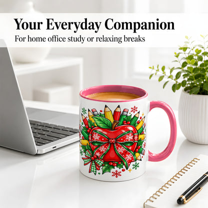 #pl[11oz|Pink] Christmas School Apple Ceramic Mug, Festive Pencil Bow Artwork
