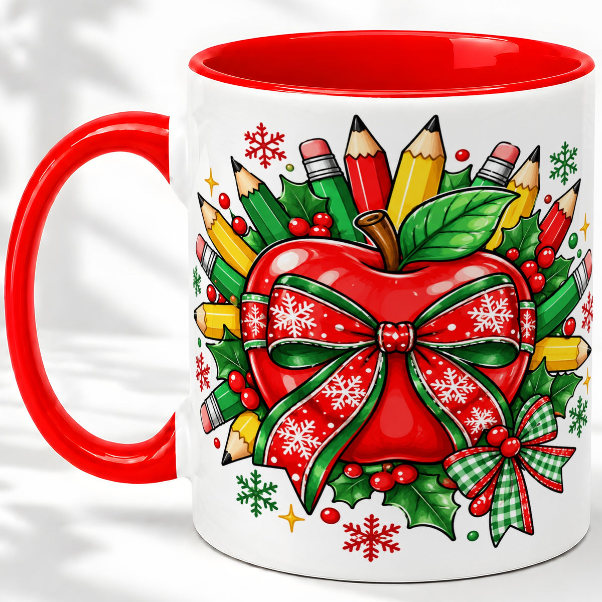 Christmas School Apple Ceramic Mug, Festive Pencil Bow Artwork