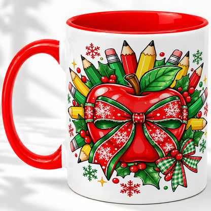 Christmas School Apple Ceramic Mug, Festive Pencil Bow Artwork