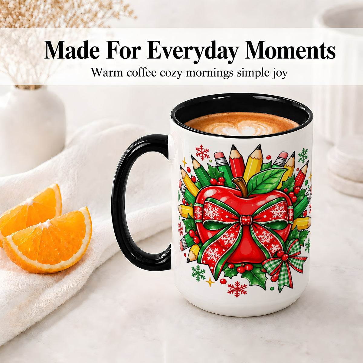#pl[15oz|Black] Christmas School Apple Ceramic Mug, Festive Pencil Bow Artwork
