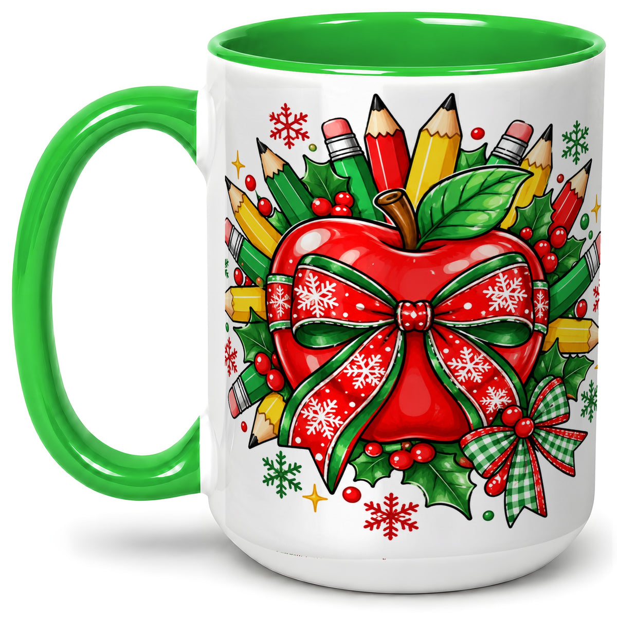 #pl[15oz|Green] Christmas School Apple Ceramic Mug, Festive Pencil Bow Artwork