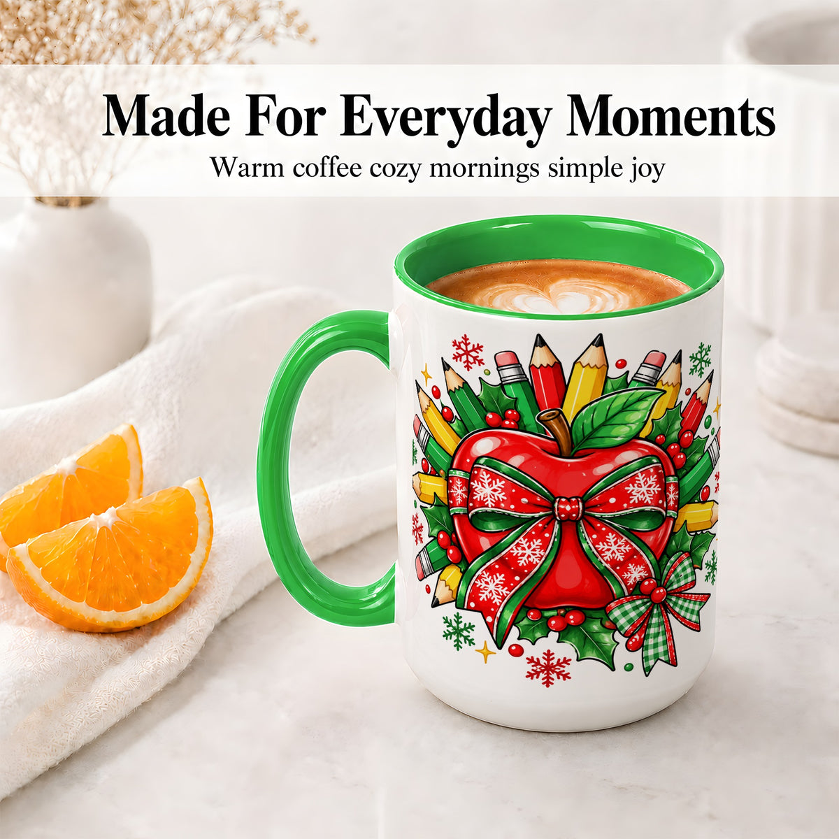#pl[15oz|Green] Christmas School Apple Ceramic Mug, Festive Pencil Bow Artwork