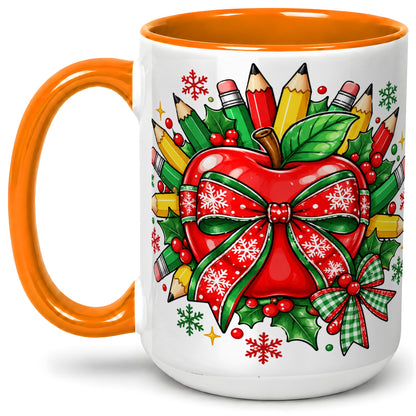 #pl[15oz|Orange] Christmas School Apple Ceramic Mug, Festive Pencil Bow Artwork