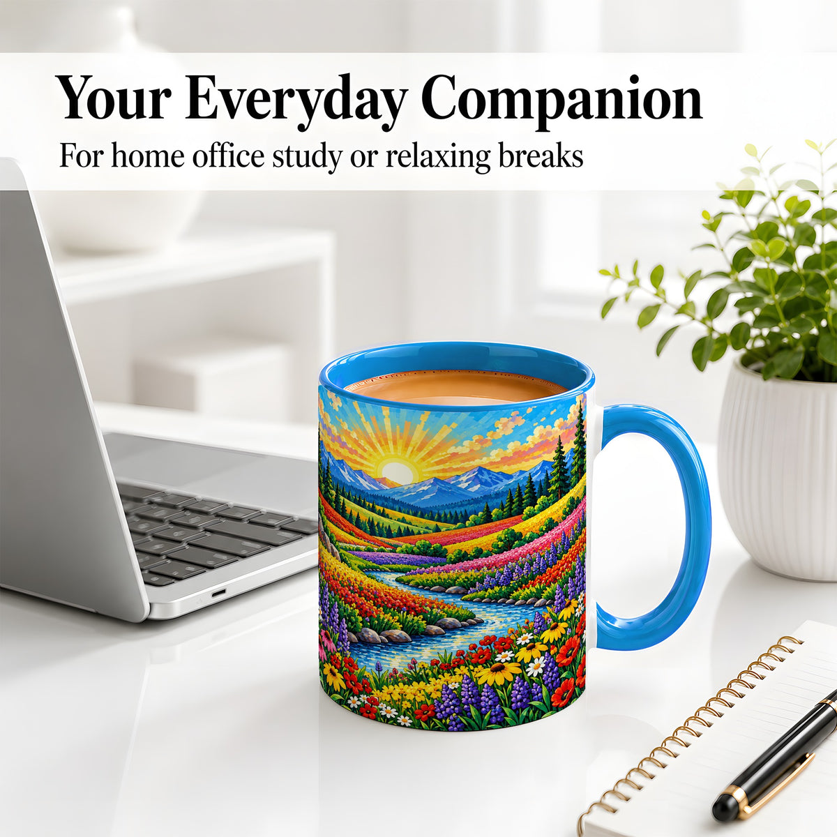 #pl[11oz|Blue] Mountain Wildflower Ceramic Mug, Colorful Sunrise Nature Artwork