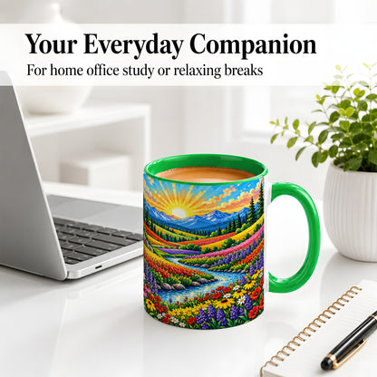 #pl[11oz|Green] Mountain Wildflower Ceramic Mug, Colorful Sunrise Nature Artwork