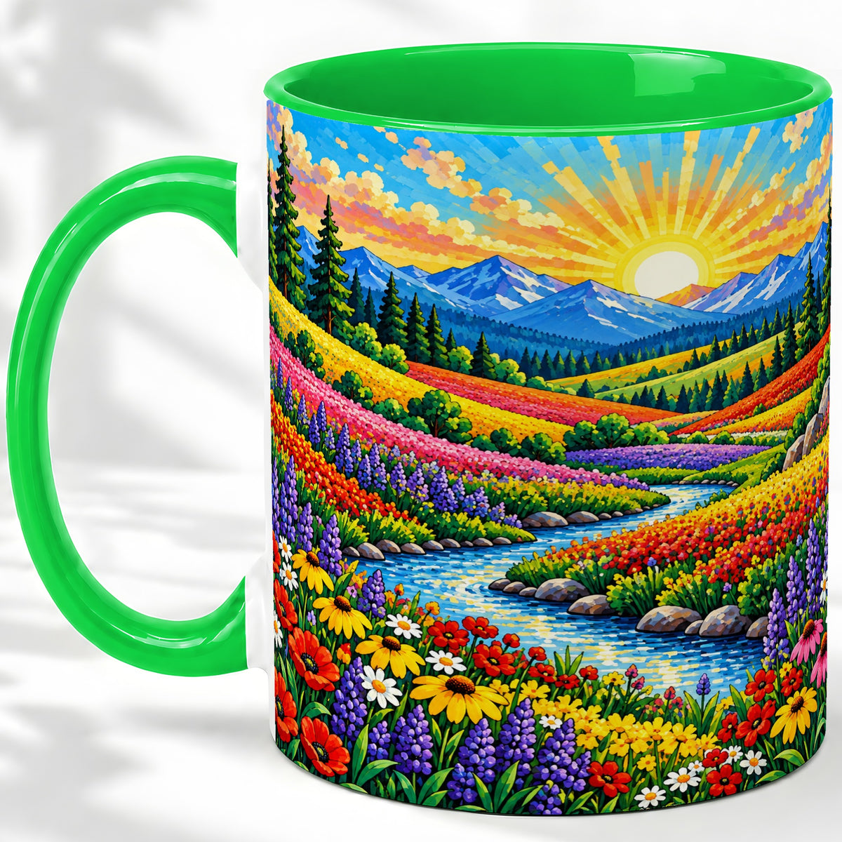 #pl[11oz|Green] Mountain Wildflower Ceramic Mug, Colorful Sunrise Nature Artwork