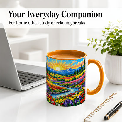 #pl[11oz|Orange] Mountain Wildflower Ceramic Mug, Colorful Sunrise Nature Artwork