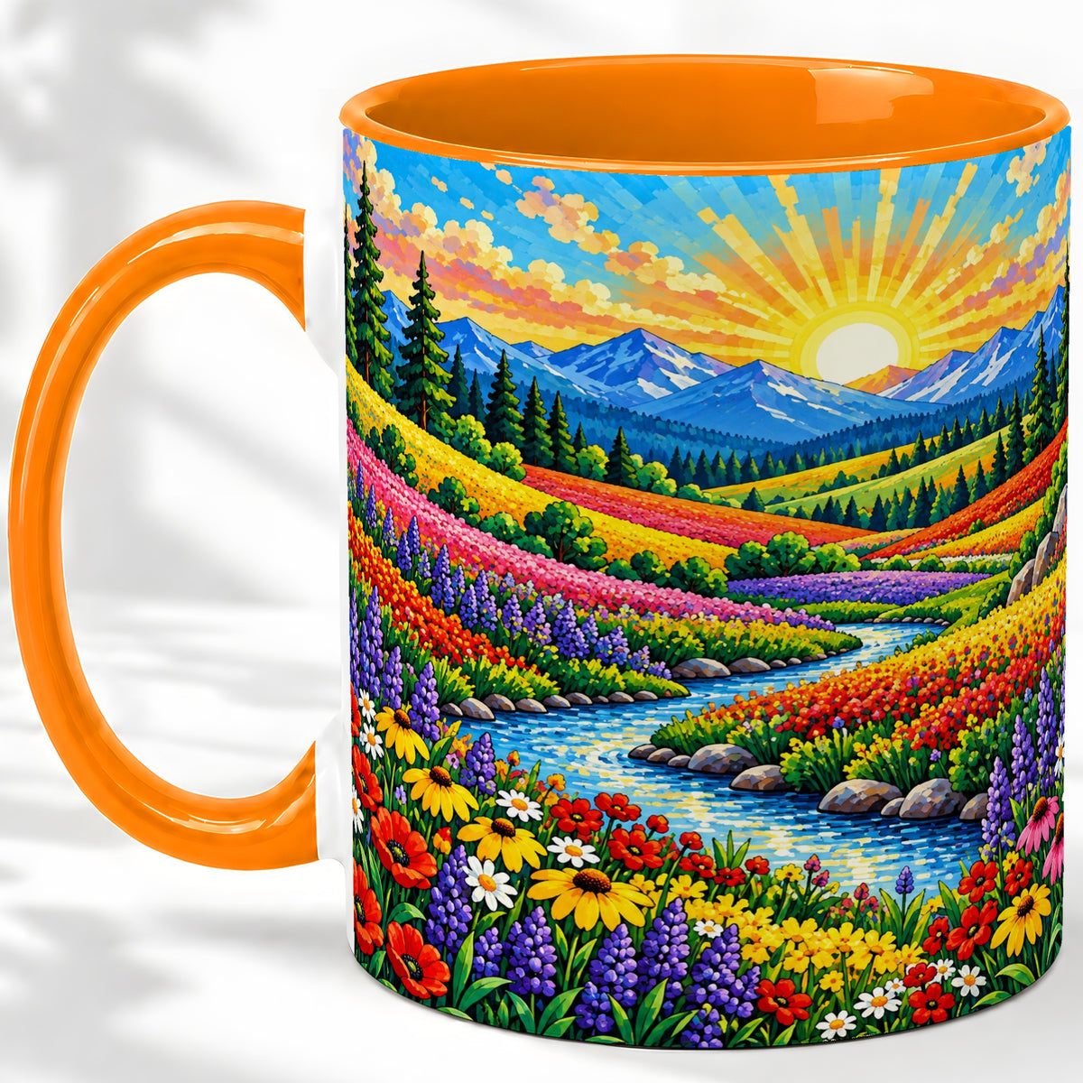 #pl[11oz|Orange] Mountain Wildflower Ceramic Mug, Colorful Sunrise Nature Artwork