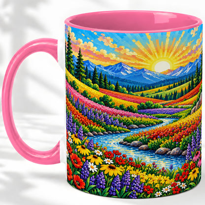 #pl[11oz|Pink] Mountain Wildflower Ceramic Mug, Colorful Sunrise Nature Artwork