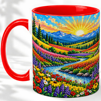Mountain Wildflower Ceramic Mug, Colorful Sunrise Nature Artwork