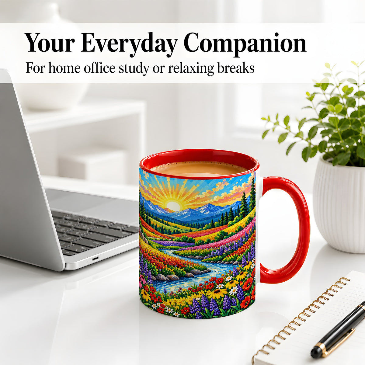 #pl[11oz|Red] Mountain Wildflower Ceramic Mug, Colorful Sunrise Nature Artwork