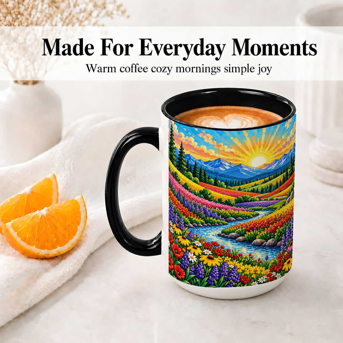 #pl[15oz|Black] Mountain Wildflower Ceramic Mug, Colorful Sunrise Nature Artwork