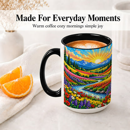 #pl[15oz|Black] Mountain Wildflower Ceramic Mug, Colorful Sunrise Nature Artwork