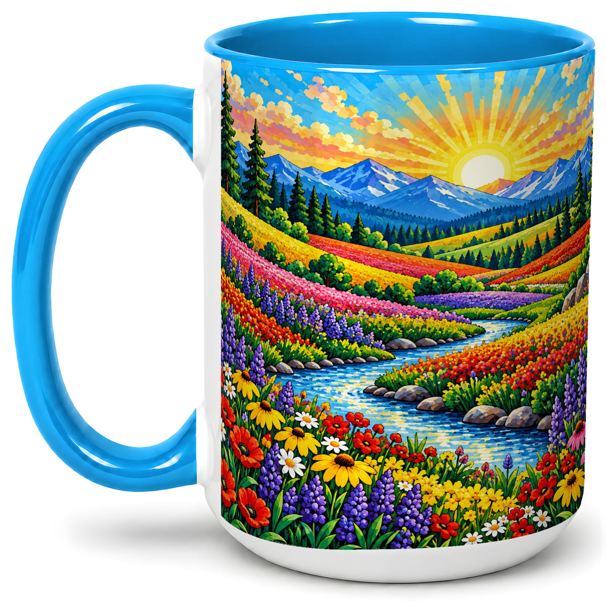 #pl[15oz|Blue] Mountain Wildflower Ceramic Mug, Colorful Sunrise Nature Artwork