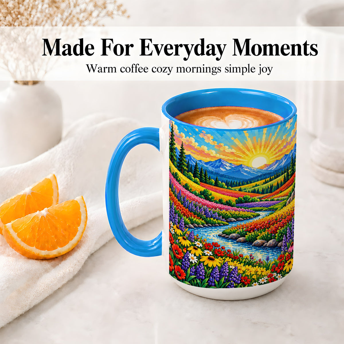 #pl[15oz|Blue] Mountain Wildflower Ceramic Mug, Colorful Sunrise Nature Artwork