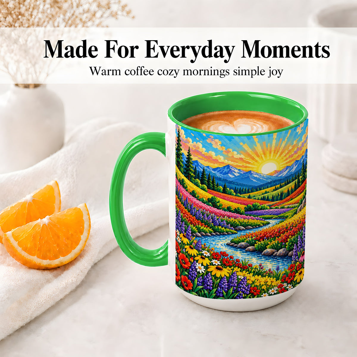#pl[15oz|Green] Mountain Wildflower Ceramic Mug, Colorful Sunrise Nature Artwork