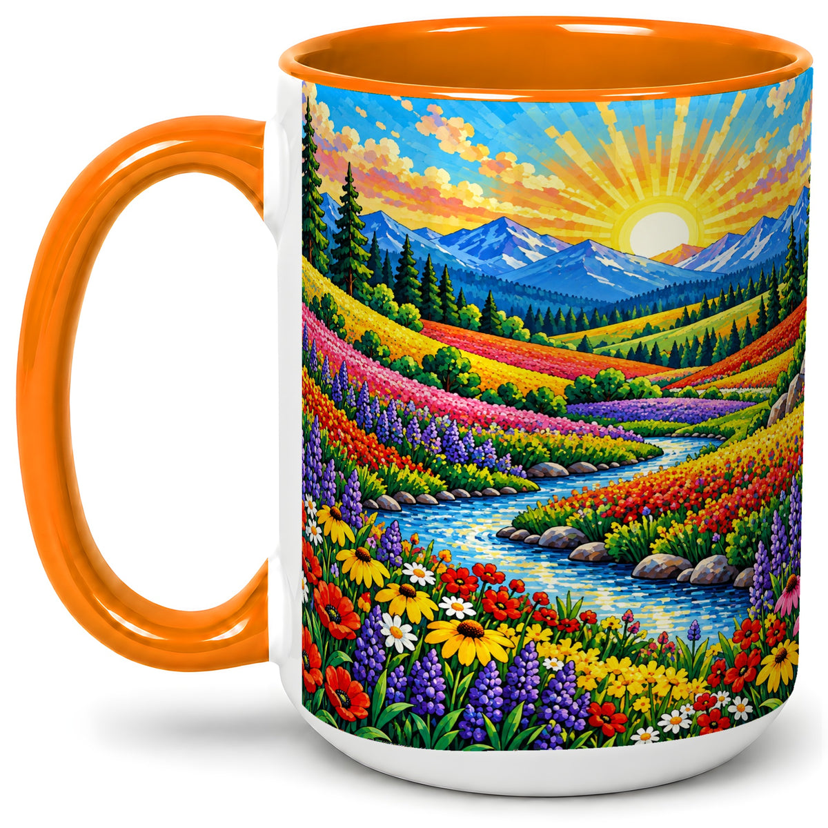 #pl[15oz|Orange] Mountain Wildflower Ceramic Mug, Colorful Sunrise Nature Artwork